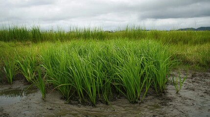 Lush green onion field thriving in rich soil under cloudy summer skies, set in a serene rural landscape