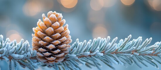 Frosted pinecone resting on evergreen spruce branch in serene snowy landscape highlighting winter beauty and natural tranquility