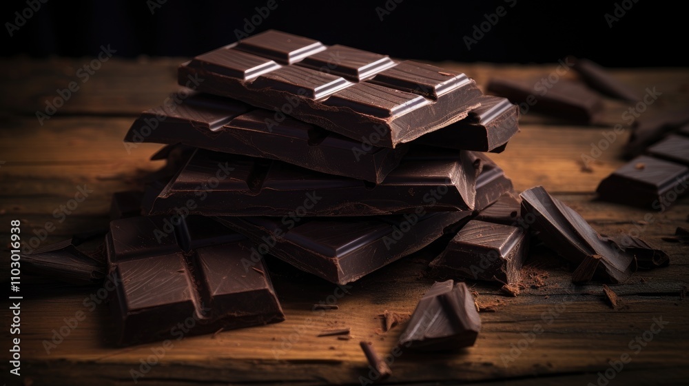 Poster rich dark chocolate bars artistically arranged on a rustic wooden surface with scattered pieces high