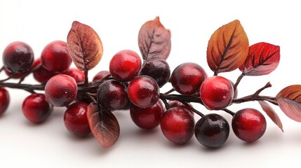 Red artificial plastic cherries with leaves perfect for Christmas decoration isolated on a clean white background for festive styling and themes.