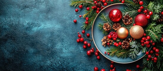 Christmas themed table decoration with ornaments greenery and berries on a rustic background ideal for festive celebrations and holiday themes