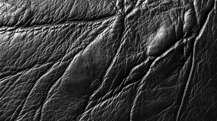 Textured close-up of rustic black and gray leather with visible creases, perfect for banners or panoramic backgrounds.