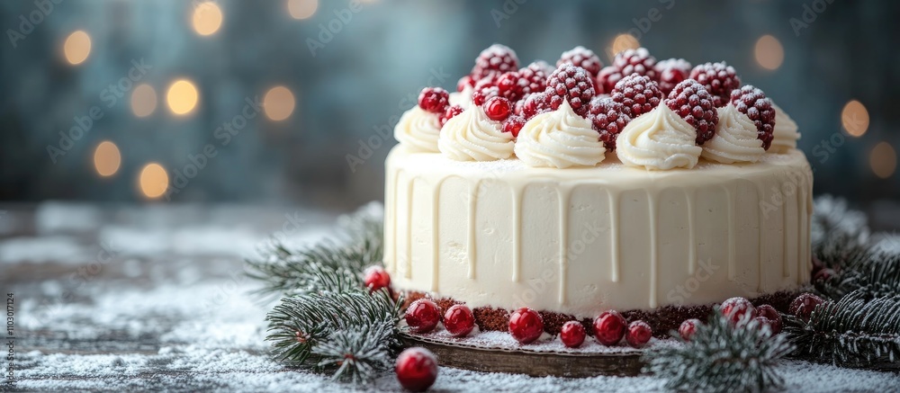 Aufkleber festive white christmas cake adorned with red berries and cream on a rustic table surrounded by pine