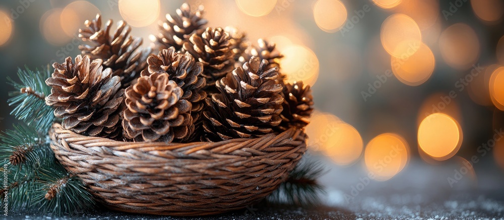 Poster Festive wicker basket filled with pinecones and fir branches set against a shimmering bokeh background for holiday decor themes.