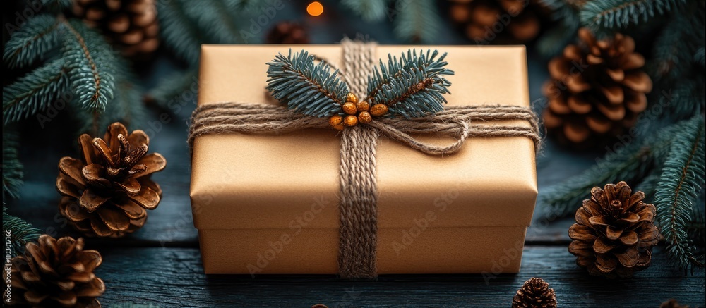 Aufkleber rustic christmas new year gift box arrangement with fir branches and pine cones on weathered wooden 