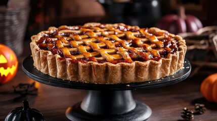 Festive homemade pie displayed on a pedestal with a Halloween-themed backdrop featuring decorative pumpkins and eerie elements.
