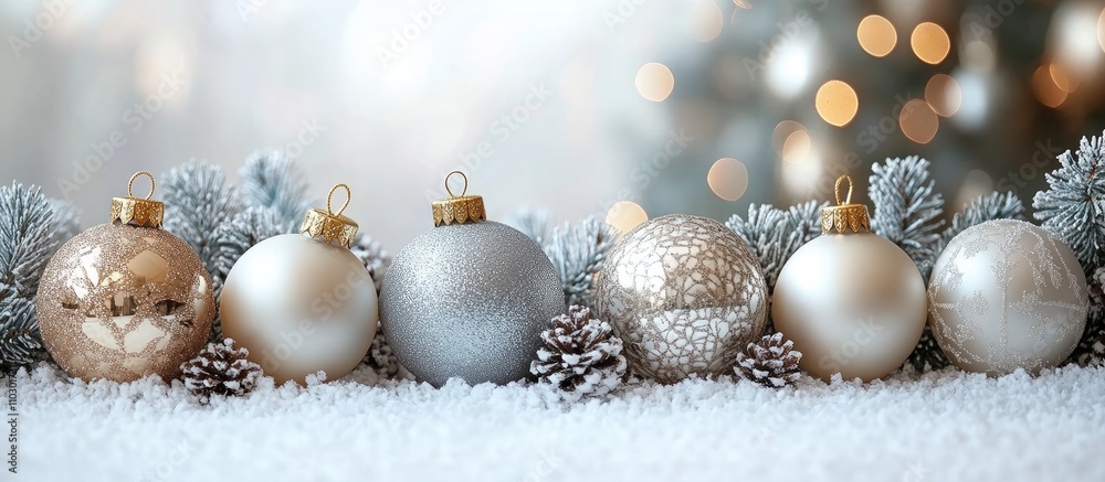 Poster elegant christmas decoration with silver and white ornaments and pinecones on snowy surface against 