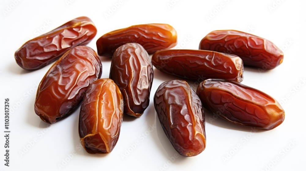 Poster fresh medjool dates arranged on a clean white background highlighting their rich texture and natural