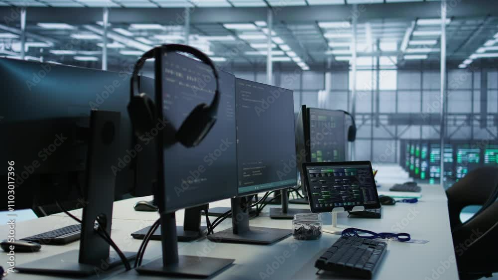 Poster electronic devices in empty data center establishment monitoring hardware energy consumption. pc mon