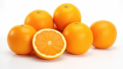 Fresh and vibrant sweet oranges arranged with a halved orange showcasing juicy interior against a clean white background