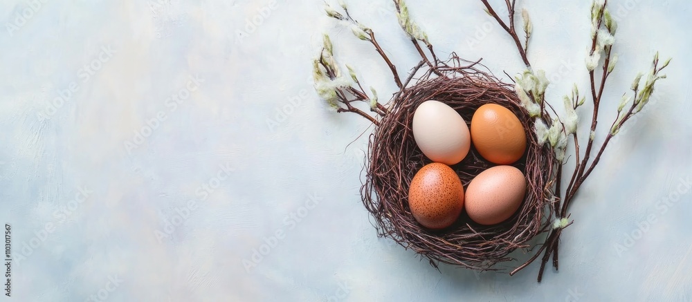 Poster Easter nest with four colorful eggs surrounded by delicate branches and flowers on a soft pastel background