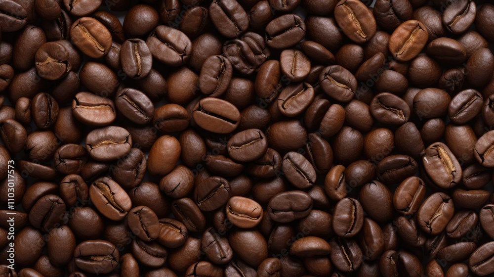 Poster close up view of a rich texture of roasted coffee beans forming a dark and aromatic background for b
