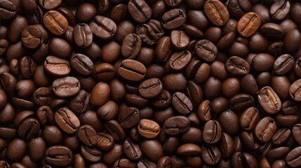 Fototapeta premium Close up view of a rich texture of roasted coffee beans forming a dark and aromatic background for beverage and food concepts