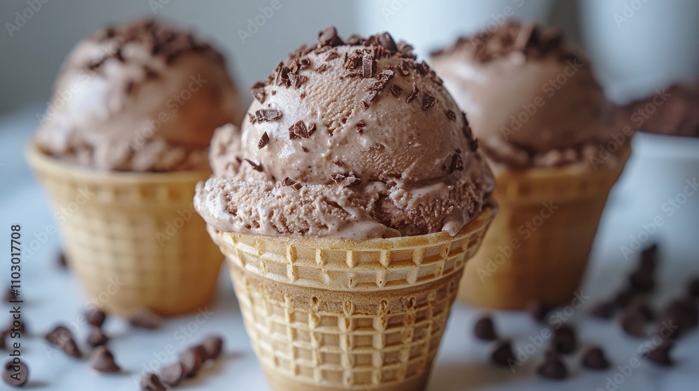 Poster chocolate ice cream scoops in waffle cones with chocolate shavings on a light background showcasing 