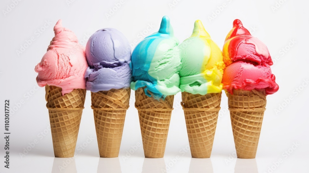 Poster colorful rainbow ice cream cones in a row on a white background showcasing vibrant flavors and textu
