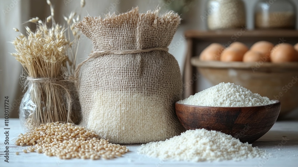 Poster natural grains and flour in a rustic setting with spikelets and eggs highlighting traditional food p