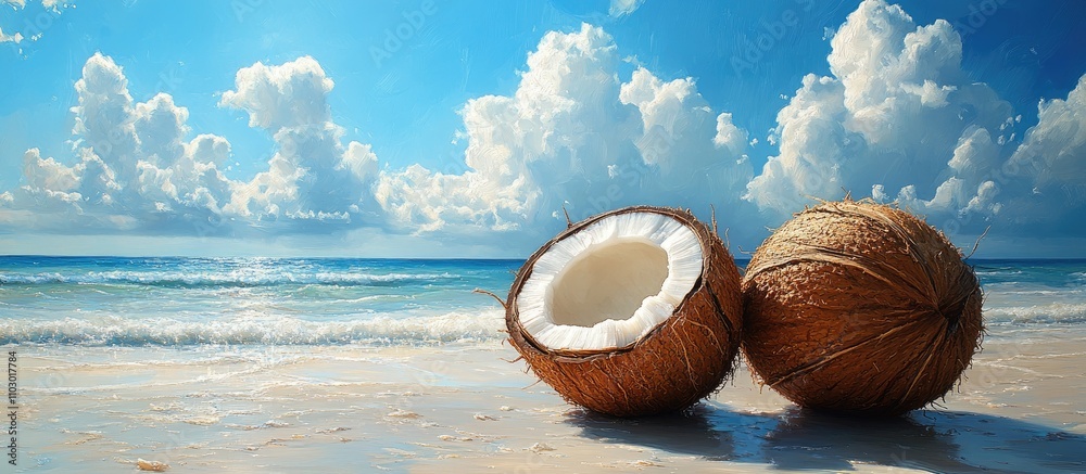 Poster coconuts on a sandy beach with a serene ocean and blue sky backdrop creating a tropical paradise atm