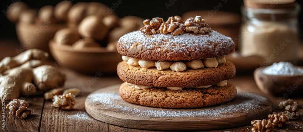 Poster homemade ginger nut cookies with sweet sugar powder and walnuts on a rustic wooden table showcasing 