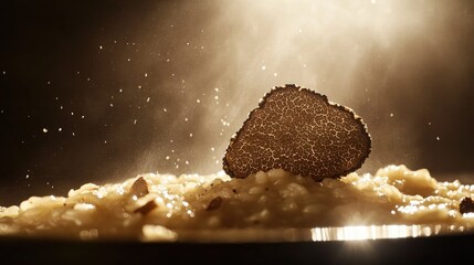 Close-up of a luxurious truffle slice atop creamy risotto, illuminated by soft spotlight, enhancing the gourmet dining experience with a moody atmosphere.