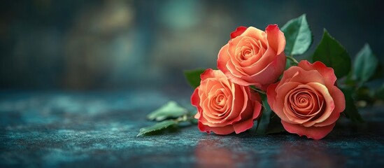 Elegant close-up of tea roses with vibrant petals arranged on a textured table surface, showcasing their beauty and natural charm.