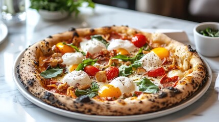 Artisan Italian pizza topped with fresh basil, creamy mozzarella, colorful cherry tomatoes, and a perfectly charred crust on a marble table.