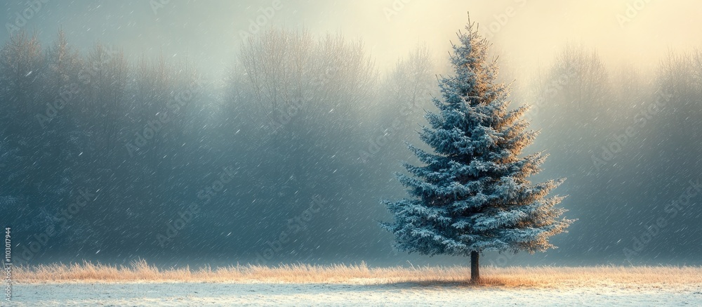 Poster snowy fir tree in serene meadow landscape during snowfall with soft light and winter atmosphere for 