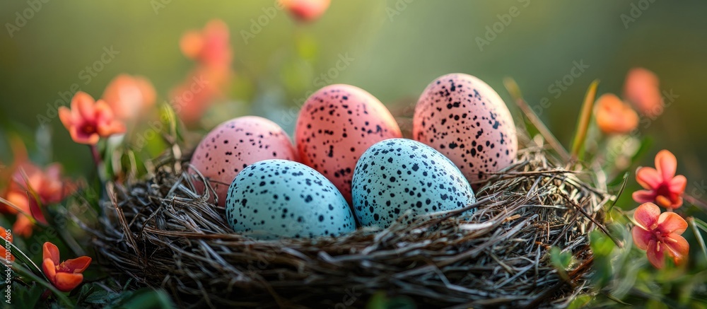 Poster easter egg arrangement in a nest surrounded by flowers creating a festive and cheerful spring atmosp