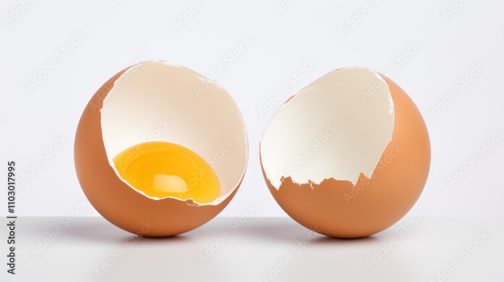 Poster brown chicken eggshell halves with a visible yolk on a clean white background showcasing the freshne