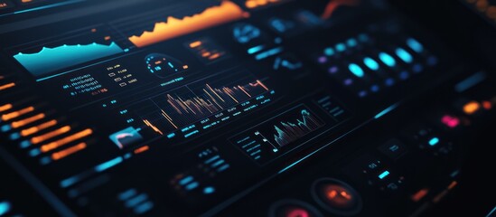 Naklejka premium Close-up of a futuristic digital dashboard displaying graphs, charts, and data visualizations.