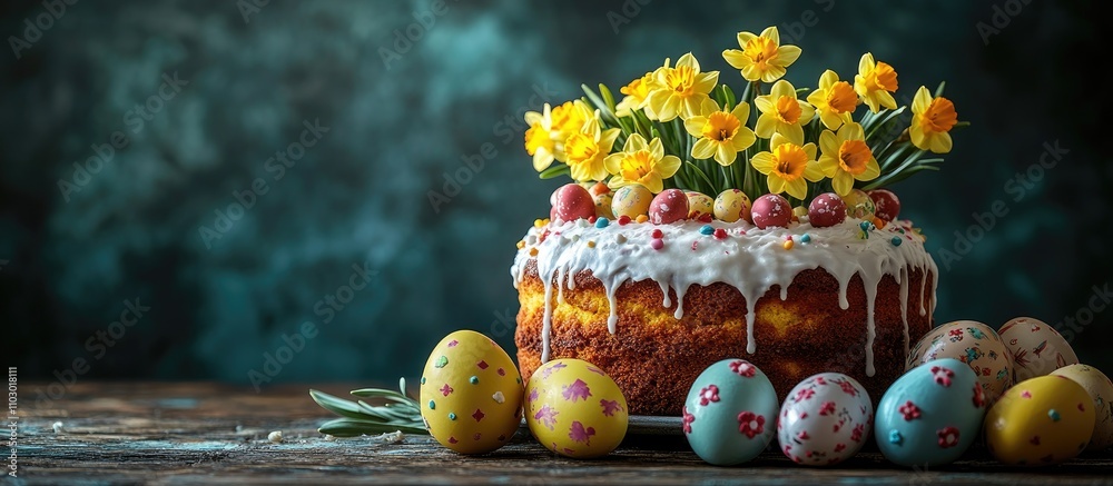 Poster easter celebration with daffodil adorned cake and colorful decorated eggs on rustic wooden table aga