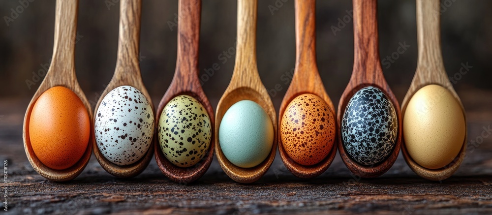 Poster colorful quail eggs arranged in wooden spoons on a rustic wooden surface showcasing natural patterns
