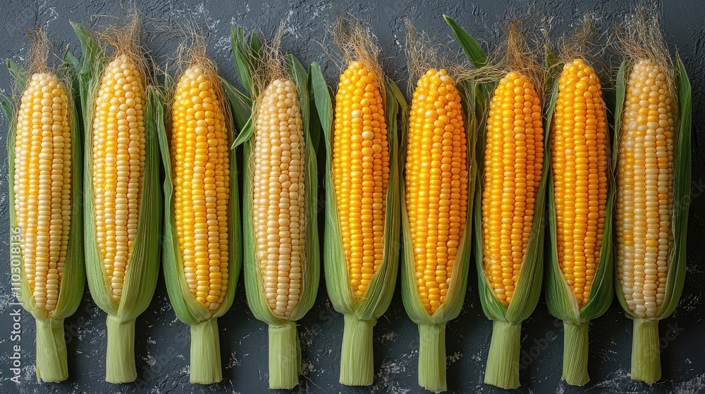 Poster freshly harvested corn cobs arranged in a row showcasing golden and yellow kernels on a dark texture