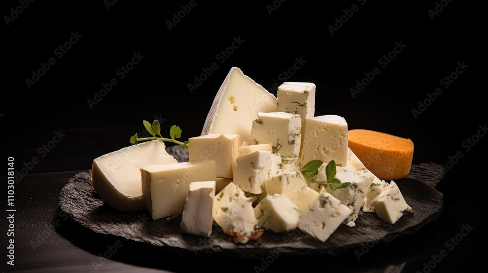 Poster artfully arranged cured sheep cheese pieces on a slate platter showcasing variety and texture agains