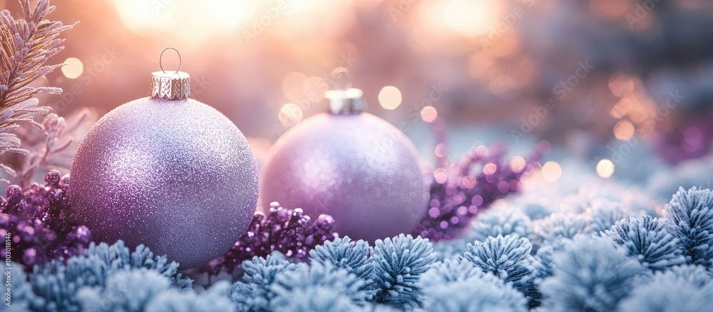 Poster elegant christmas scene with shimmering white and purple ornaments surrounded by frosted pine branch