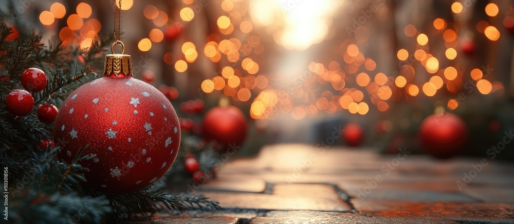 Poster festive christmas ornament with blurred lights in the background creating a warm holiday atmosphere 