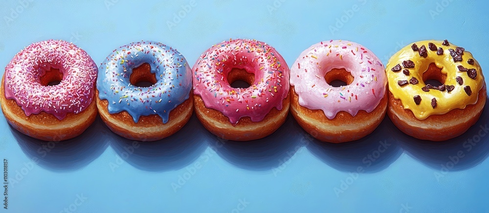 Poster colorful donuts arranged on a vibrant blue background showcasing various frosting and sprinkles temp