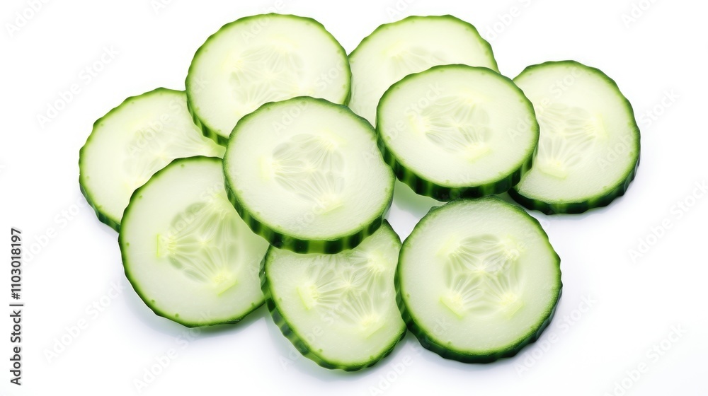 Poster fermented cucumber slices arranged artistically on a clean white background ideal for culinary uses 