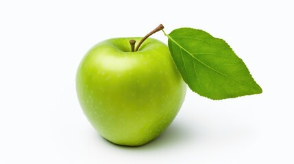 Fresh green apple with vibrant leaf isolated on clean white background showcasing natural agriculture and healthy food options
