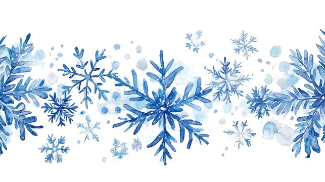 Hand-Drawn Watercolor Illustration of Blue Snowflakes Seamless Border