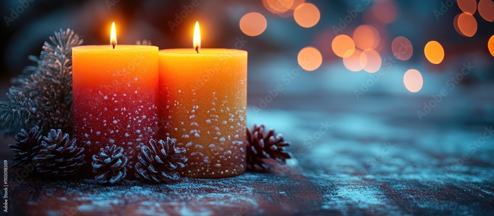 Aufkleber Warm festive candles with pine cones on rustic table illuminated by colorful lights creating a cozy holiday atmosphere for seasonal greetings