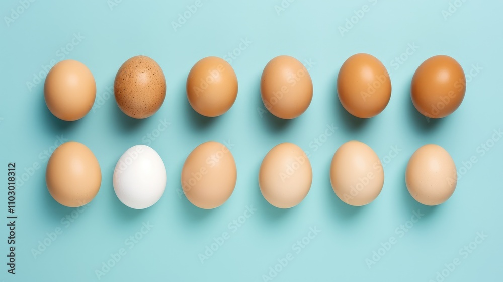 Aufkleber Diverse array of eggs arranged in a flat lay on a blue background symbolizing nutrition and food diversity