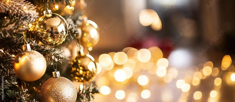 Aufkleber golden bokeh background of holiday lights and christmas tree ornaments creating a warm festive atmos