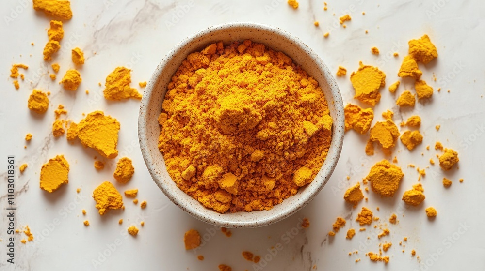 Poster turmeric powder in a bowl surrounded by scattered spice on a light marble background showcasing its 