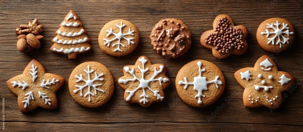 Poster christmas cookies decorated with icing and nuts displayed on a rustic wooden table for a festive hol