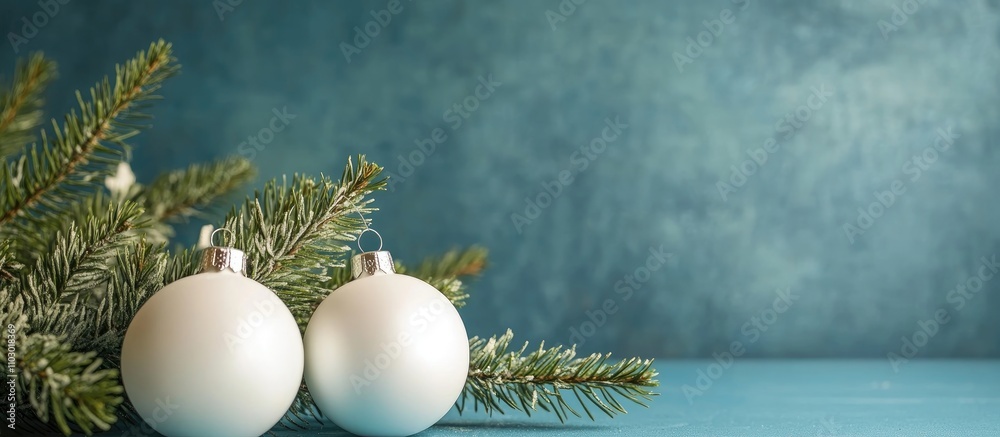 Poster elegant christmas scene featuring white ornaments and fir spruces against a textured blue backdrop w