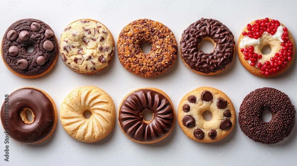 Aufkleber assorted delicious donuts with various toppings and fillings arranged on a light surface tempting tr