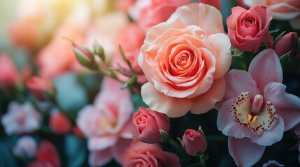 Fototapeta premium Elegant closeup of a vibrant floral arrangement featuring roses, lilies, and orchids against a soft white background for a fresh aesthetic.