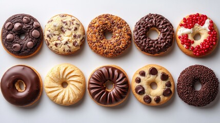 Assorted delicious donuts with various toppings and fillings arranged on a light surface tempting treat for dessert lovers