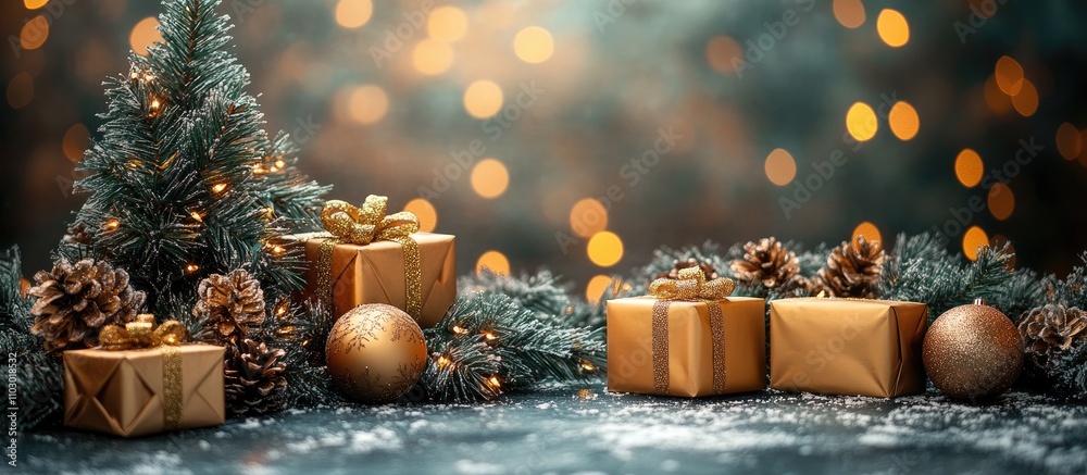 Poster elegant christmas scene with decorated tree presents pine cones and soft bokeh lights creating a fes