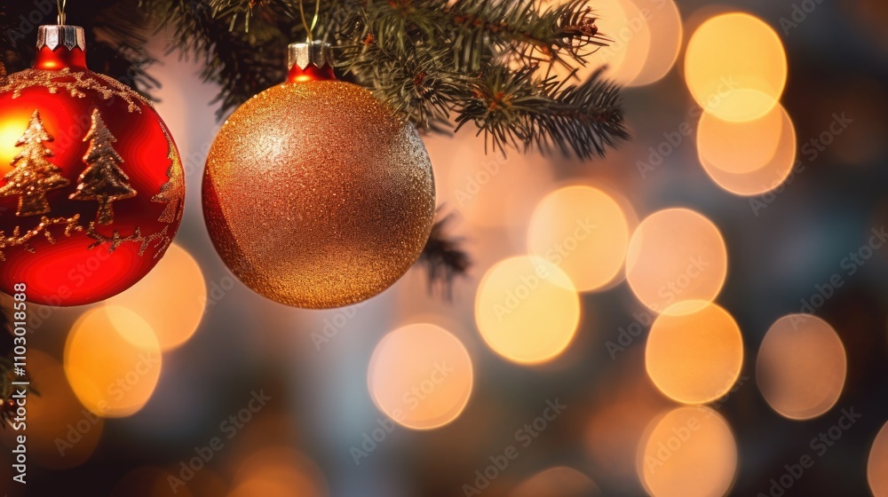 Poster christmas tree ornaments in focus with blurred bokeh background creating a festive and warm holiday 